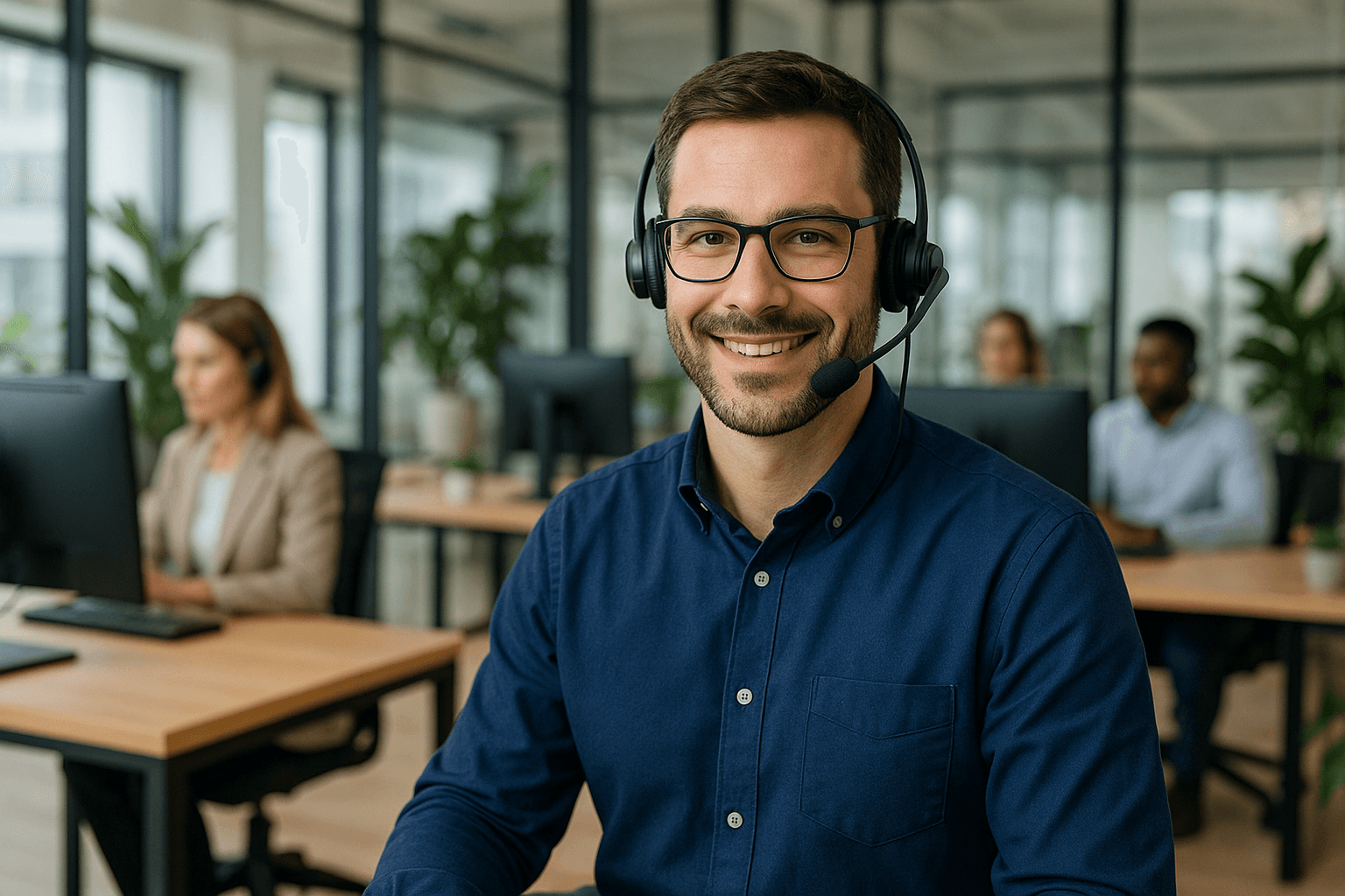 Freundlicher Call Center Agent mit Headset bietet professionellen Kundenservice Schweiz im Callexpert Call Center.