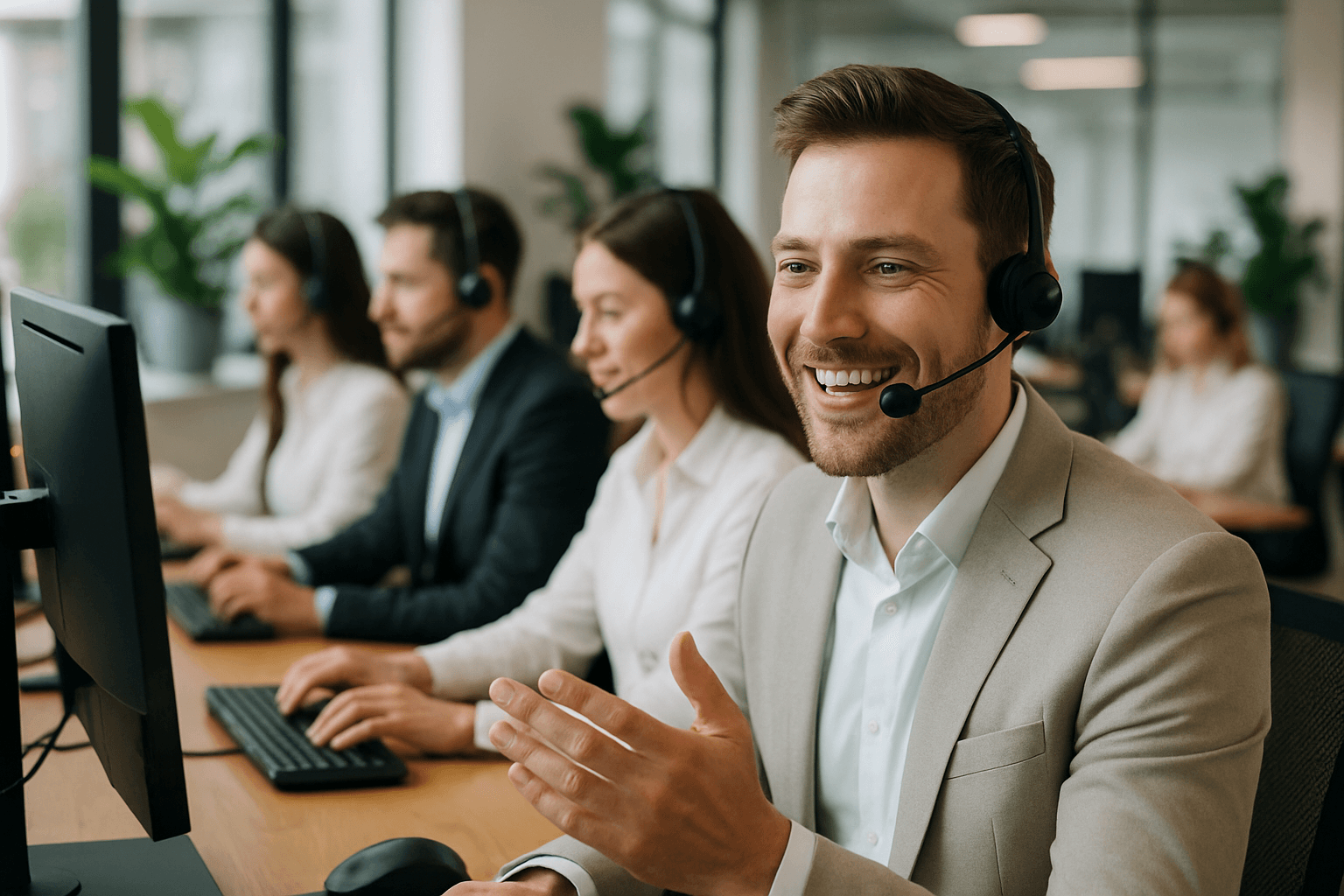 Lachender Callexpert Agent am Telefon für professionellen Telefonverkauf und Lead Generation.